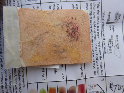 Colour chart and test indicating possible contamination from methamphetamine, amphetamine and cannabis.