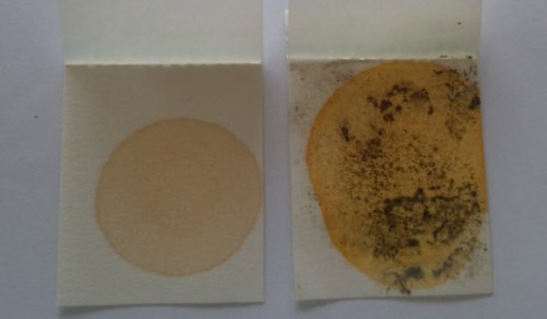 D4D test paper showing positive colour reaction to methamphetamine compared to the control paper.